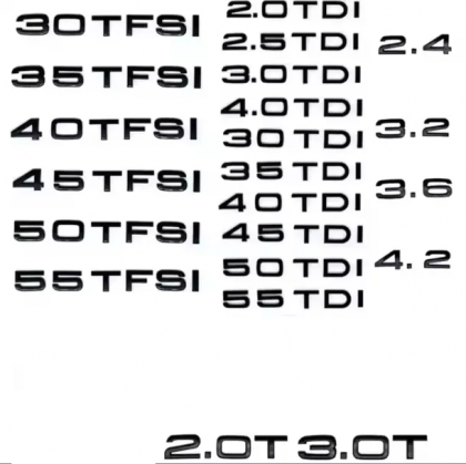 Scritta Stemma Targhetta - Audi 2.0 2.5 3.0 4.0 30 35 40 45 50 55 TDI, 30 35 40 45 50 55 TFSI, 2.0 3.0 T, 2.4 3.2 3.6 4.2- Nero Lucido